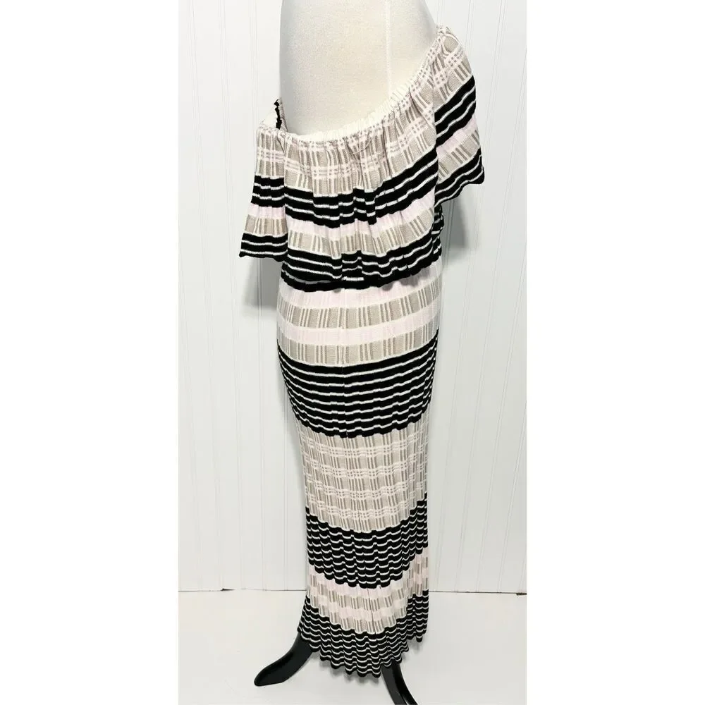 Free People Off Duty Striped‎ Off the Shoulder Midi Sweater Dress Tan Pink Large